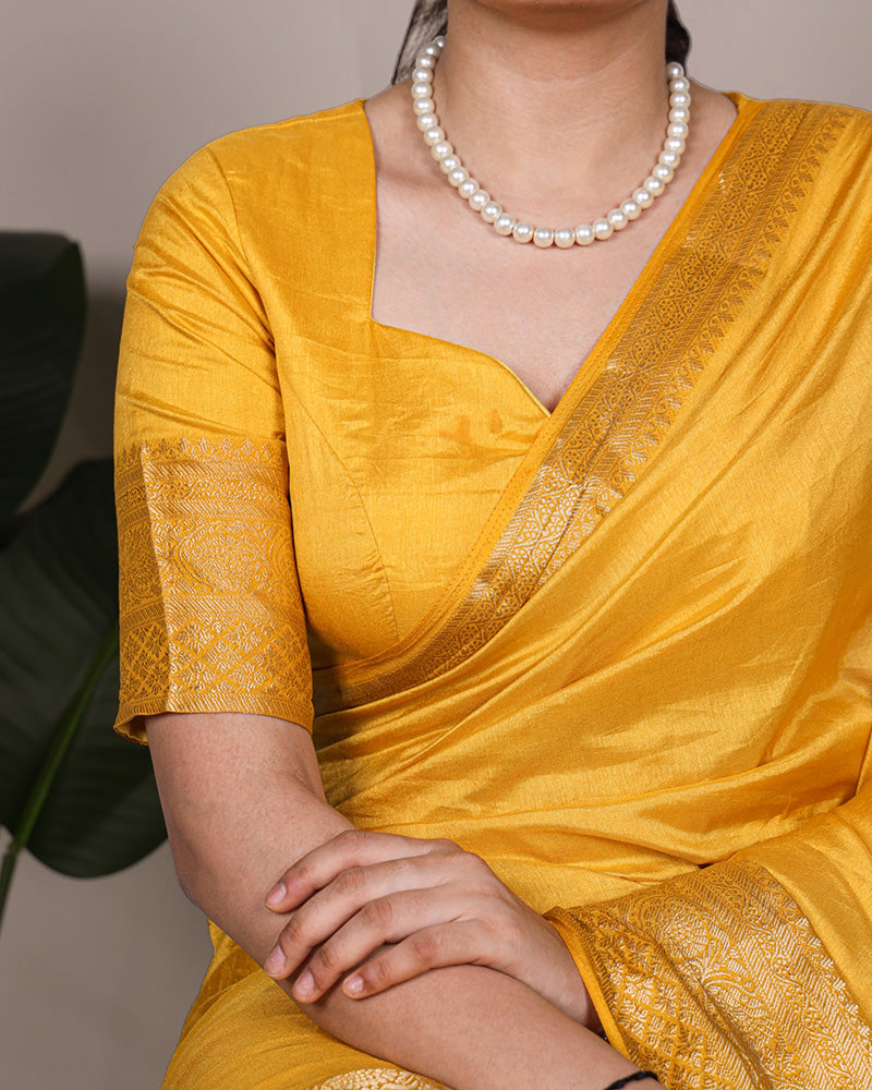 Yellow Color Nylon Dola Silk Zari Weaving Saree