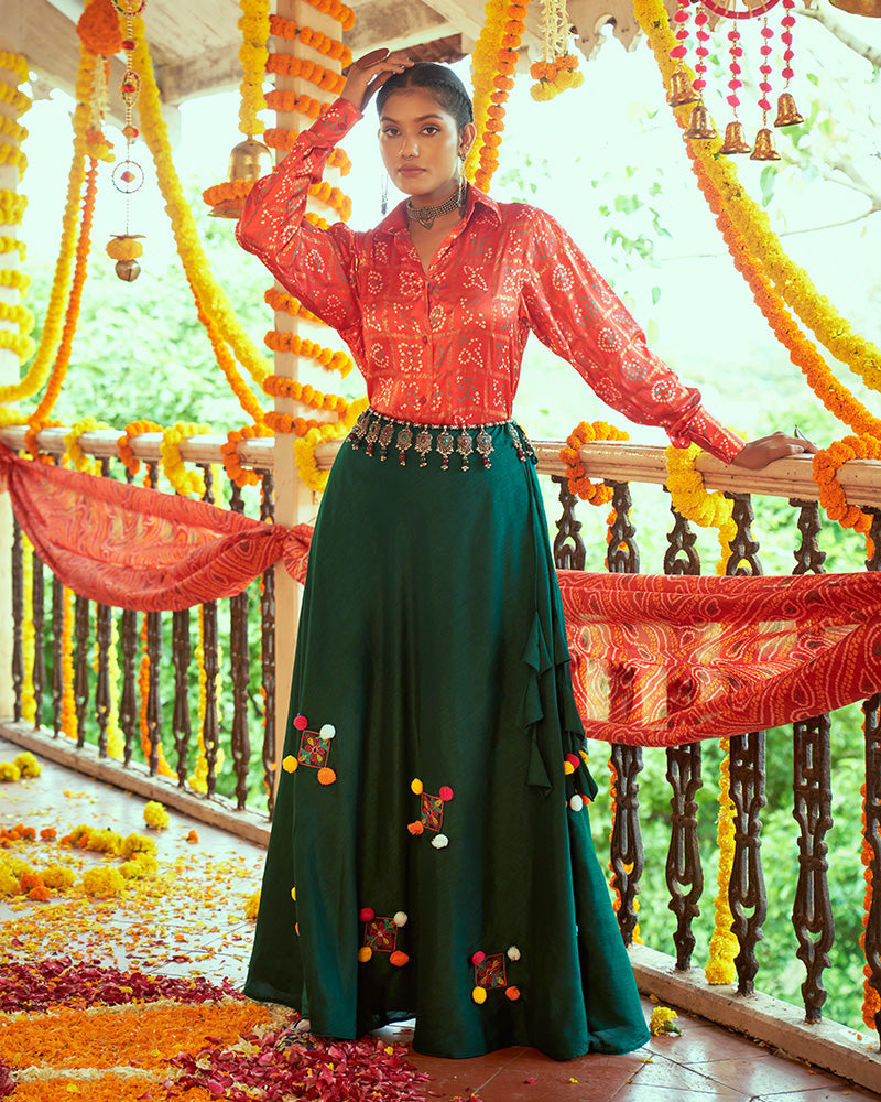 Tomato Red And Green Color Cotton Printed Fully Stitched Navratri Lehenga Choli