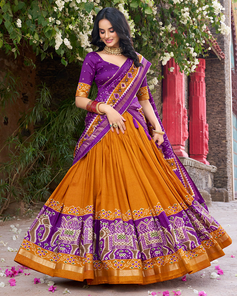 Designer Patola Printed Mustard Color Tussar Silk Lehenga Choli