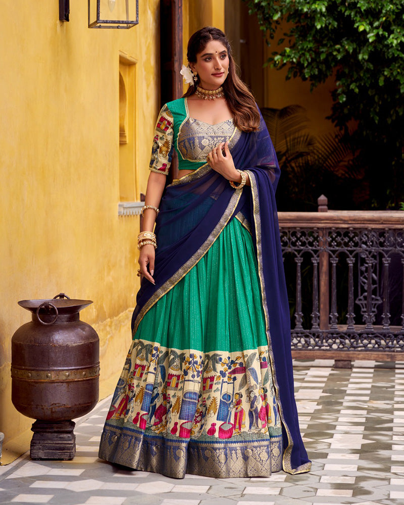 Bottle Green Color Poly Chanderi Printed Half Saree