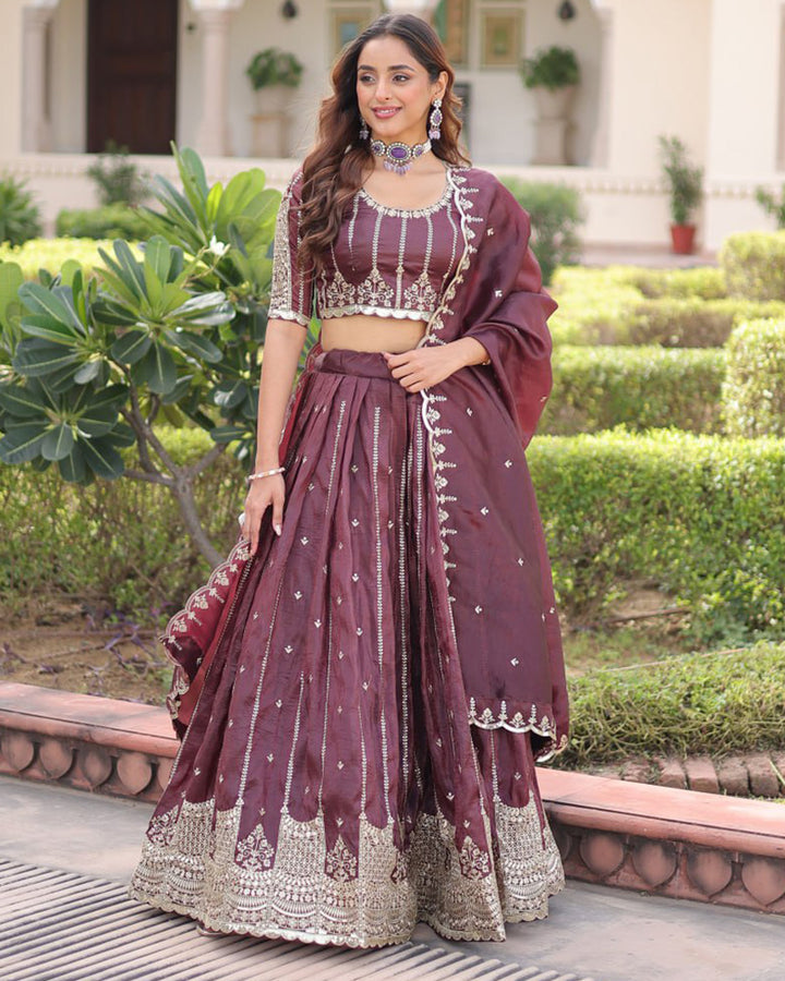 Deep Plum Color Gold Crush Embroidered Lehenga Choli