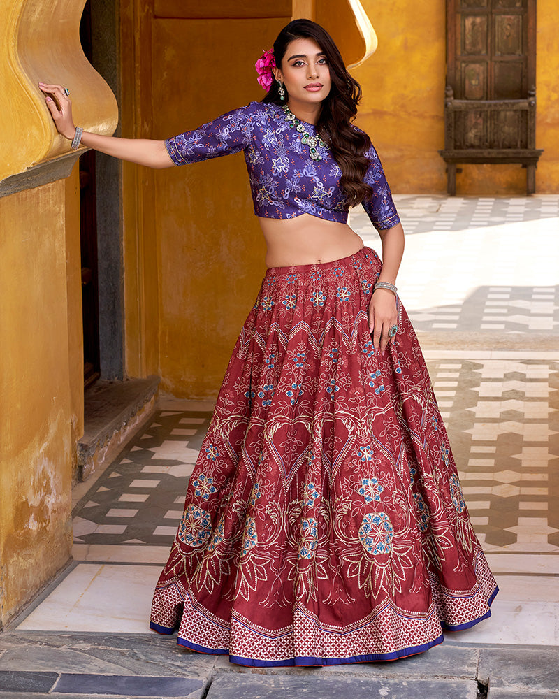 Maroon Color Vichitra Silk Printed And Embroidered Lehenga Choli