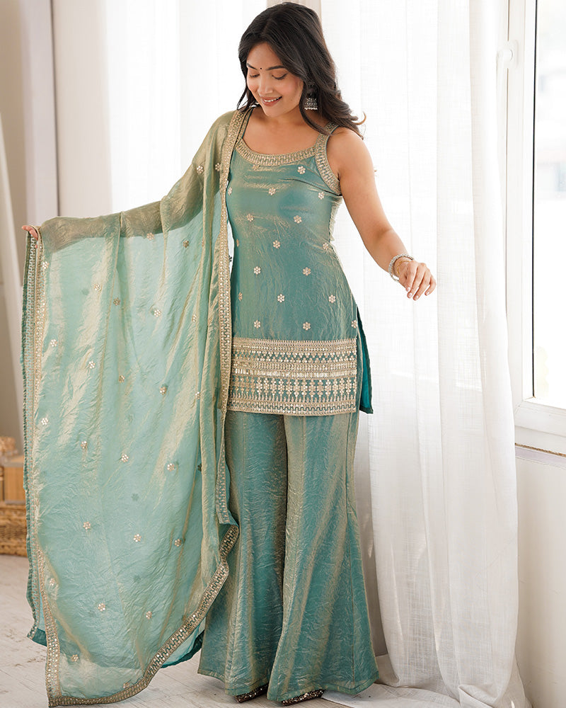 Sea Green Color Fendi Silk Embroidered Plazzo Suit