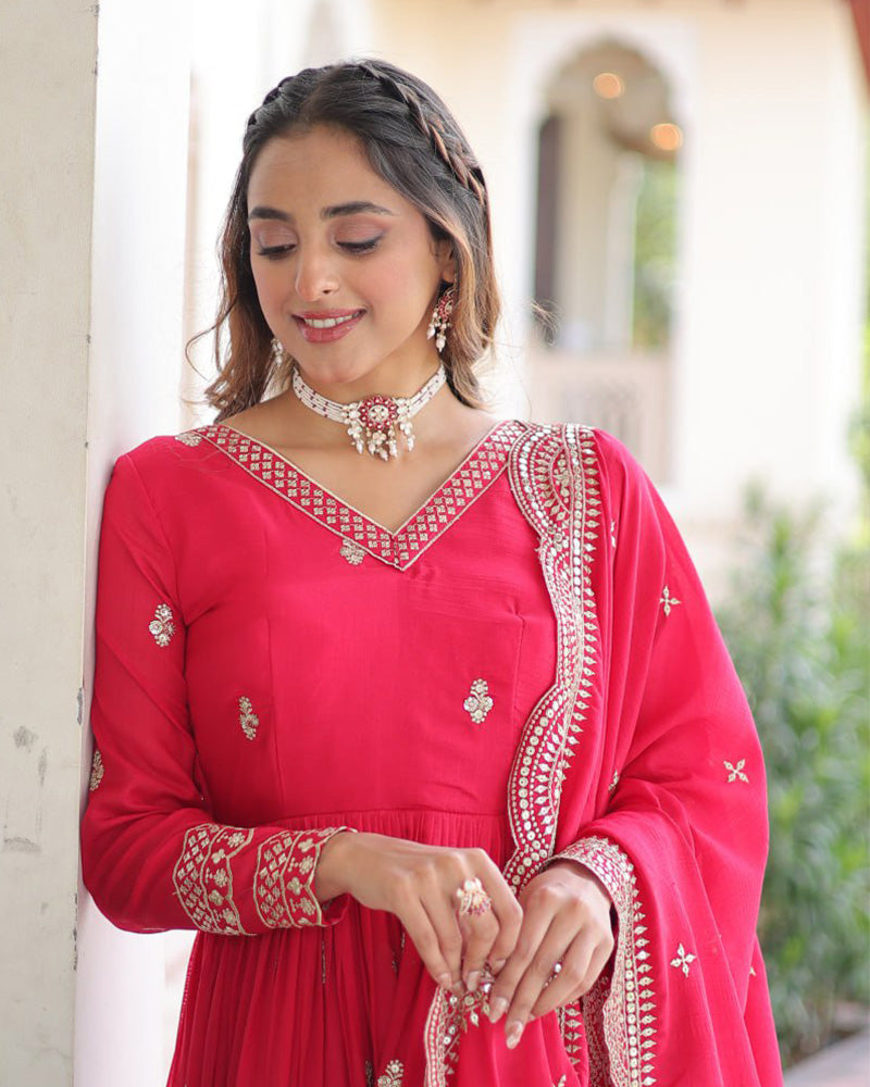 Bright Pink Vichitra Silk Sequence Embroidered Gown