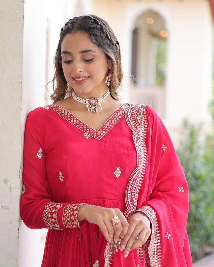 Bright Pink Vichitra Silk Sequence Embroidered Gown
