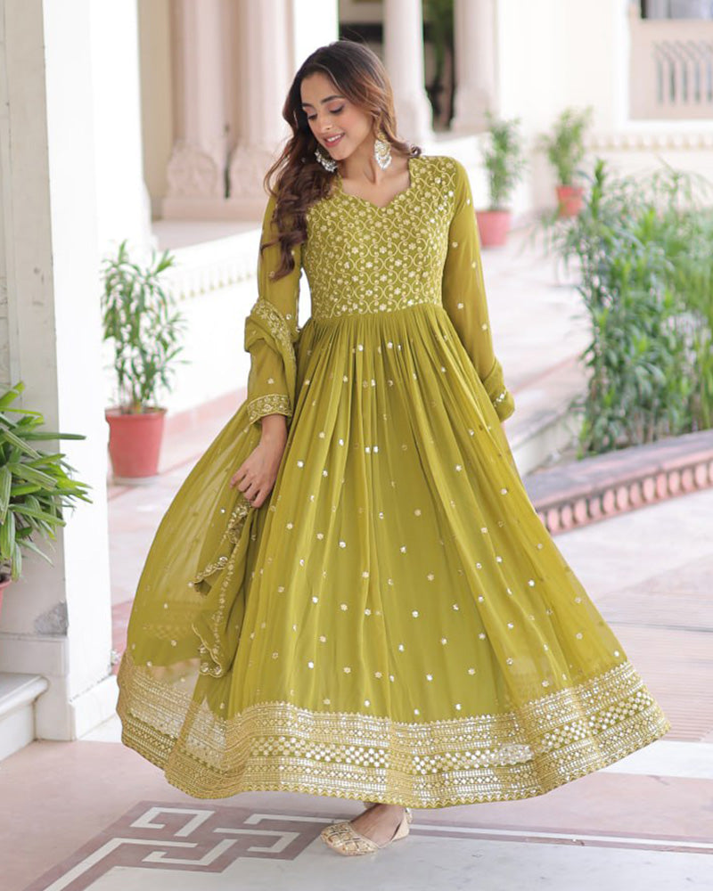 Mehndi Green Color Georgette Embroidered Designer Gown