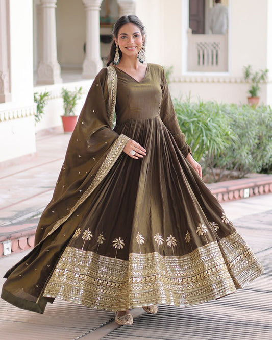 Mehndi Olive Color Vichitra Silk Sequence Embroidered Gown