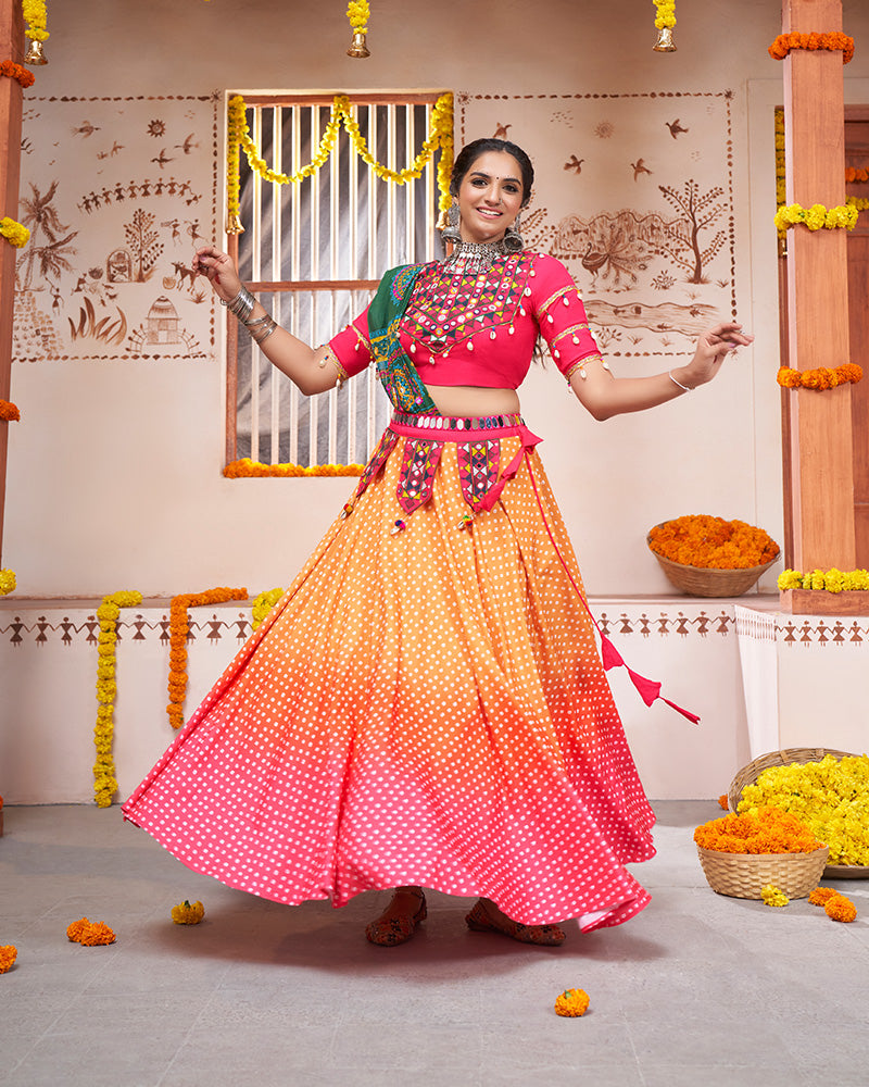 Yellow Pink Color Viscose Rayon Print And Mirror Work Fully Stitched Navratri Lehenga Choli