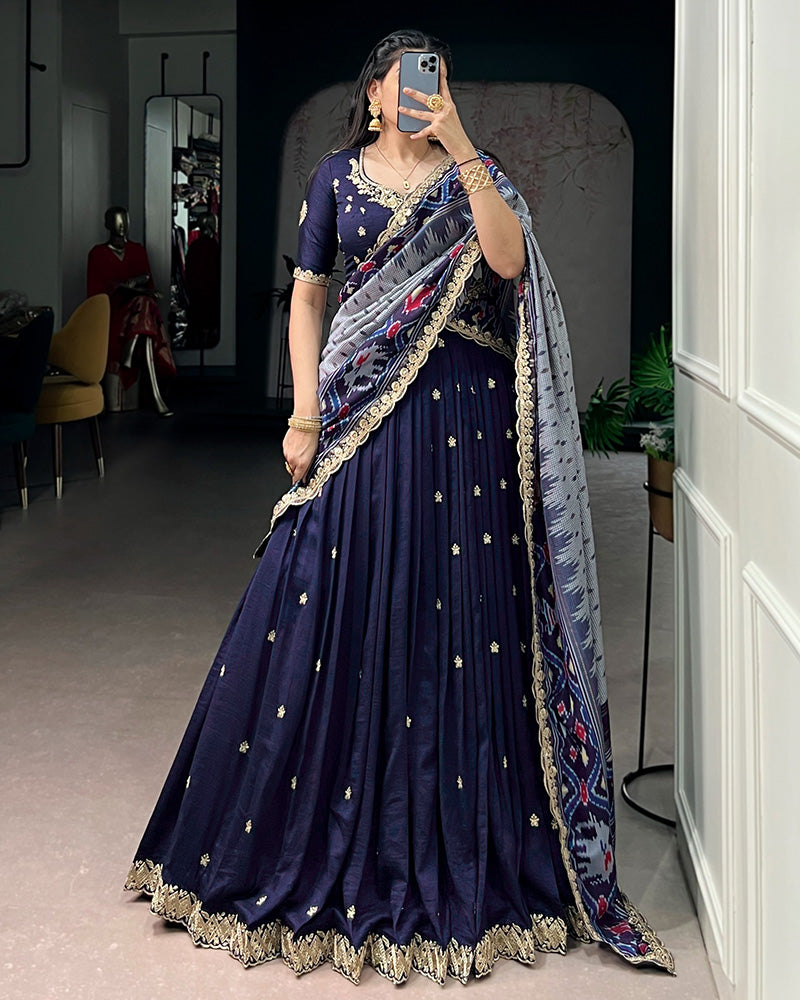 Premium Navy Blue Embroidered Vichitra Silk Lehenga Choli