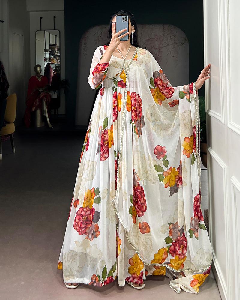 White Color All Over Floral Printed Chiffon Gown