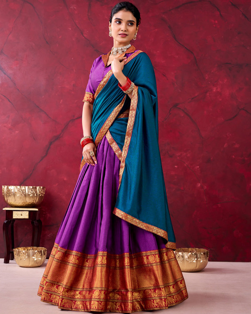 South Indian Style Purple Color Narayan Pet Cotton Half Saree