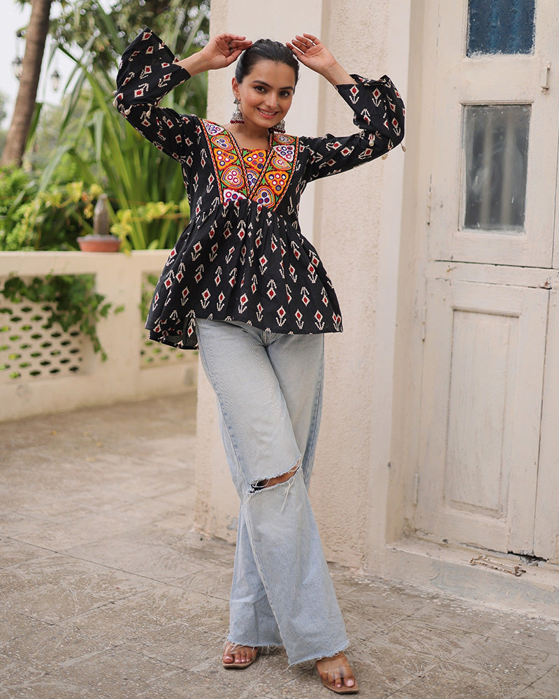 Black Color Cotton Printed Navratri Kediya