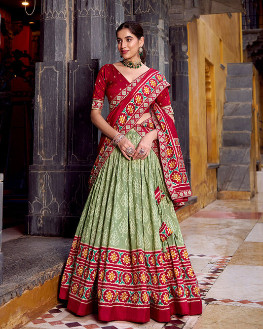 Green And Red Ikkat Printed Tasar Silk Lehenga Choli