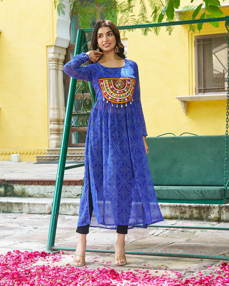 Festive blue Georgette Printed Kurti With Gamthi Patchwork
