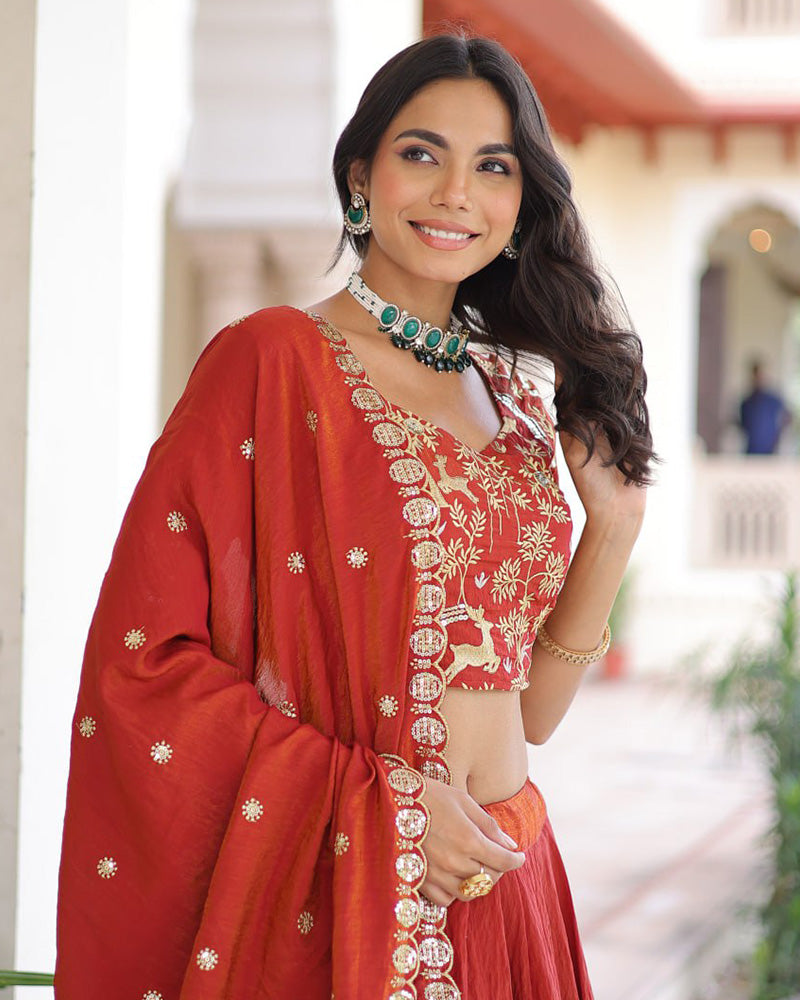 Red Color Vichitra Silk Sequence Embroidered Lehenga Choli