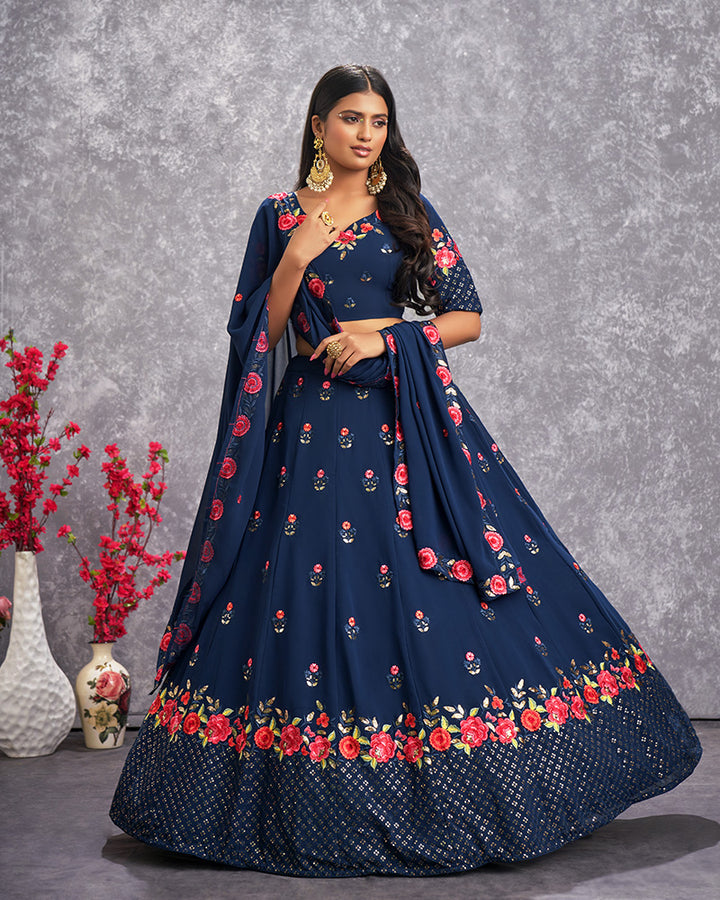 Teel Blue Color Embroidered Georgette Semi Stitched Lehenga Choli