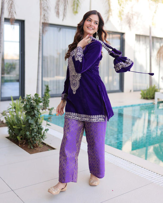 Purple Color Velvet Embroidered Kurti Suit