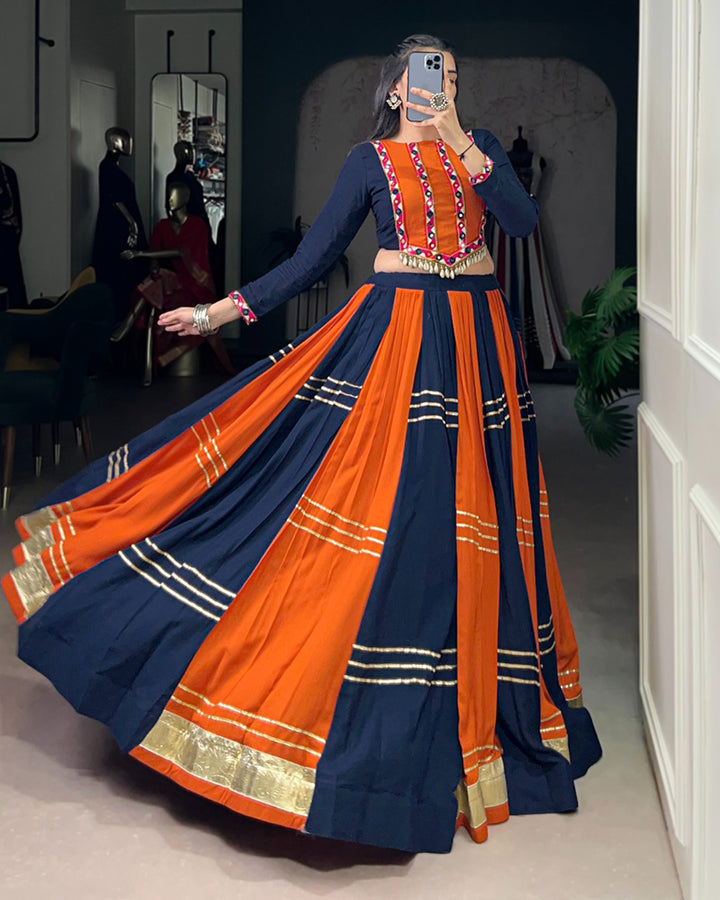 Navy Blue-Orange Color Pure Rayon Navratri Lehenga Choli