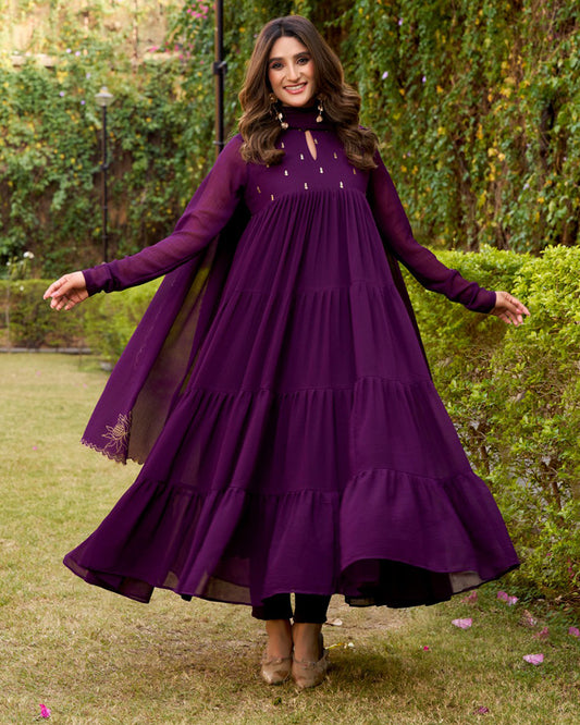 Dark Purple Color Marble Three Piece Anarkali Suit