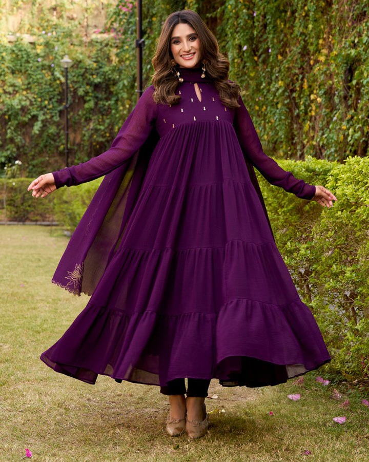 Dark Purple Color Marble Three Piece Anarkali Suit