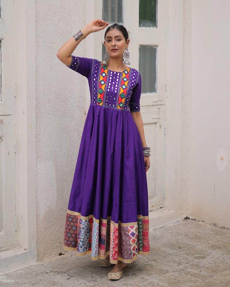 Colorful Border Purple Color Roman Silk Gamthi Work Navratri Gown