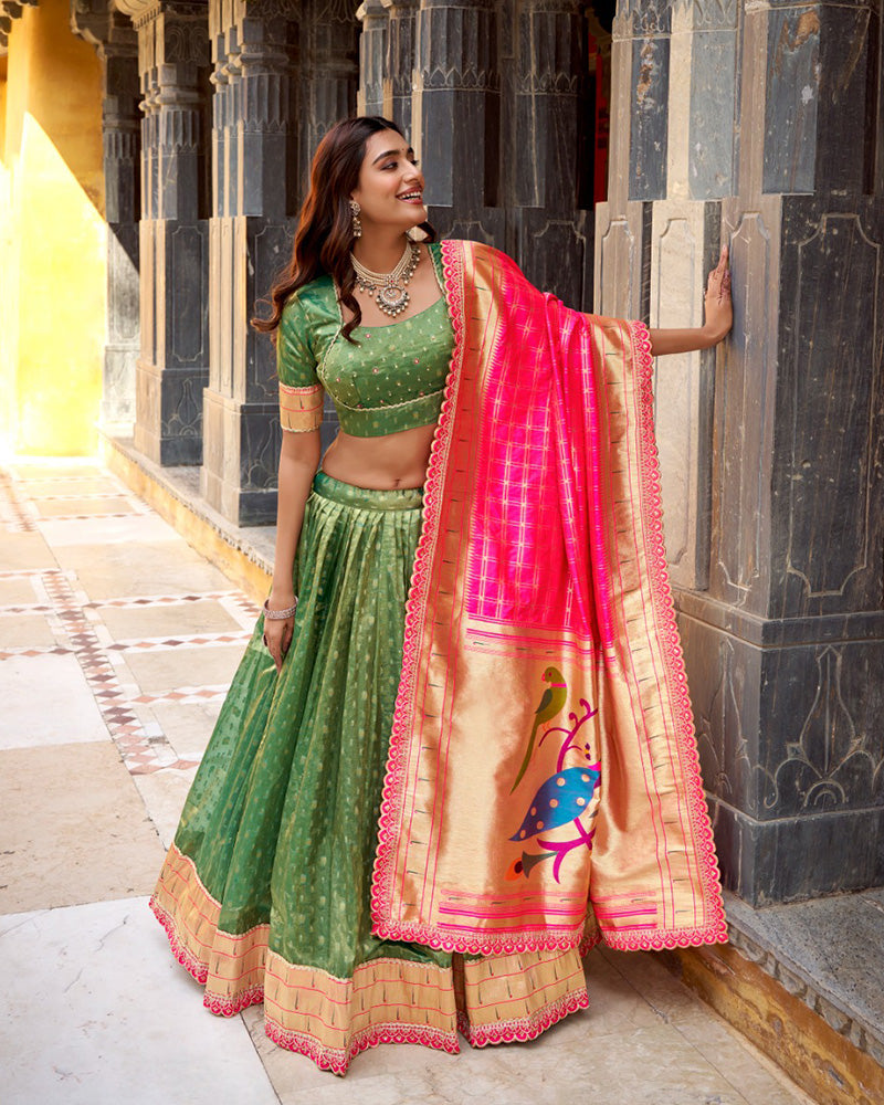 Green Color Shimmer Organza Silk Lehenga Choli