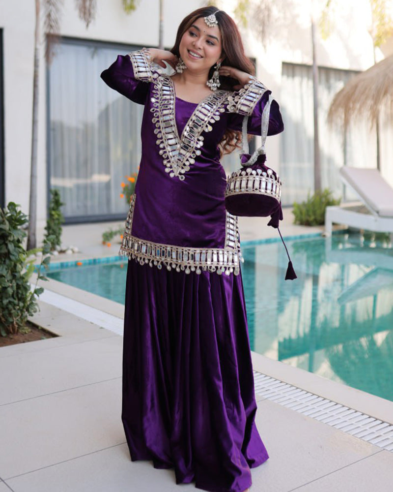 Deep Violet Color Ice Velvet Embroidered Plazzo Suit