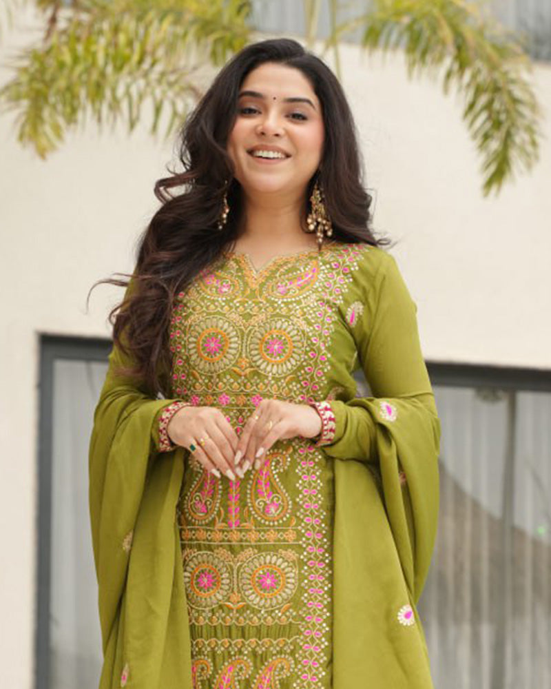 Parrot Color Chinon Embroidered Kurti Suit