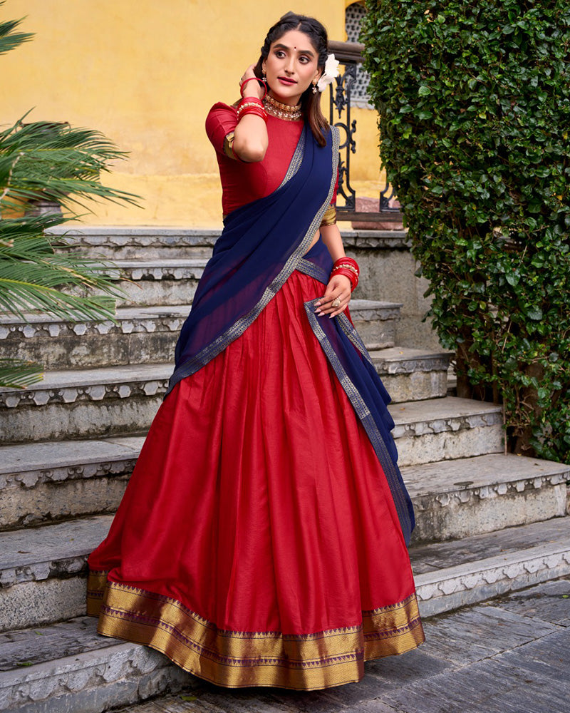 Designer Red Color Poly Cotton Half Saree