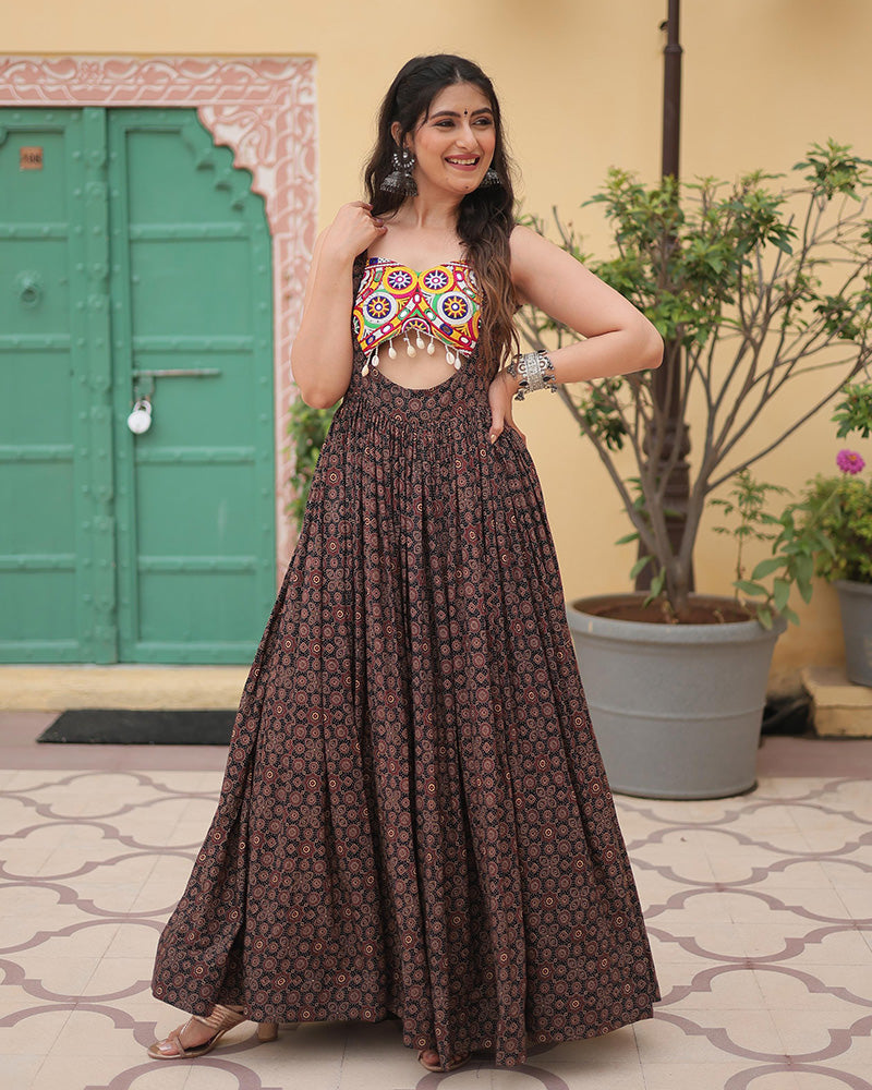 Black Color Cotton Printed Navratri Gown
