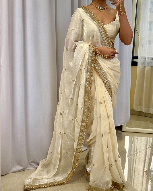 Cream Color Space Satin Embroidered Saree