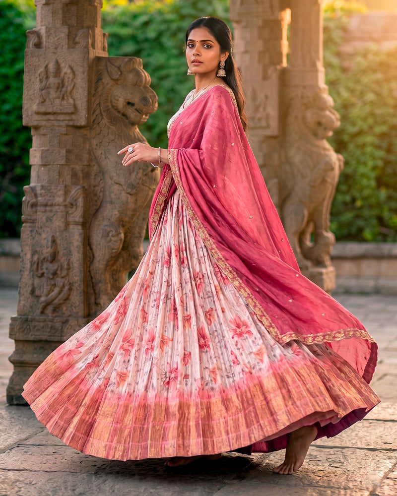 Red Color Dola Chex Floral Printed Half Saree