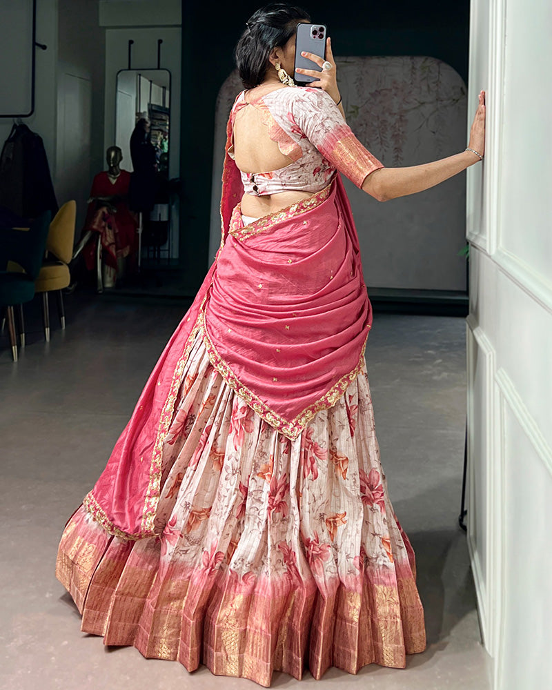 Red Color Dola Chex Floral Printed Half Saree