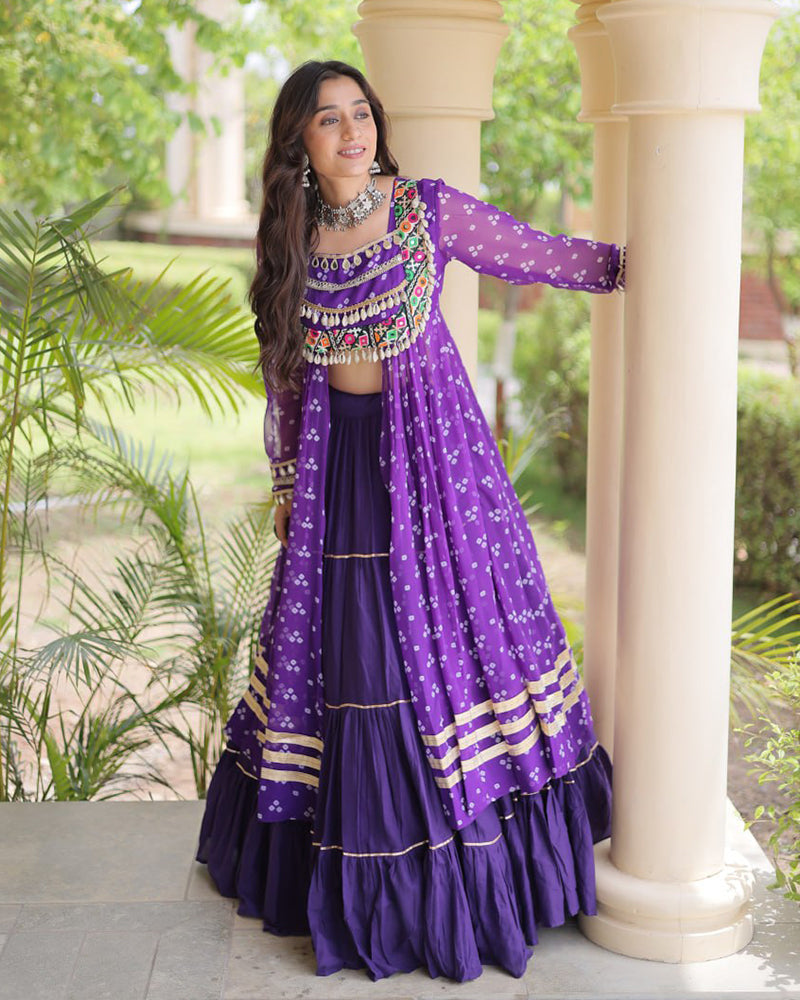 Purple Color Bandhani Printed Kurti With Kora Cotton Lehenga Choli