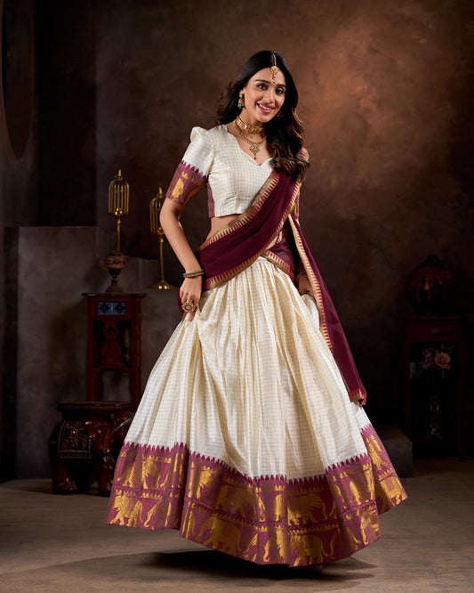 White And Maroon Color Poly Cotton Chex Onam Half Saree