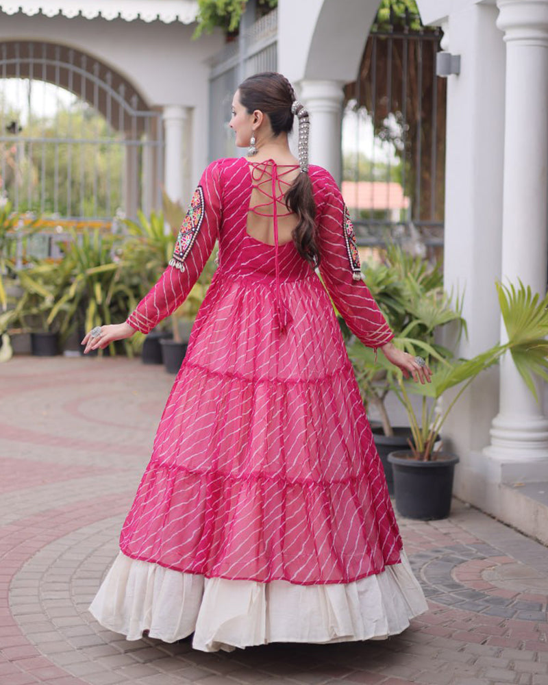 Three Color Bandhani Printed Kora Cotton Navratri Lehenga Choli