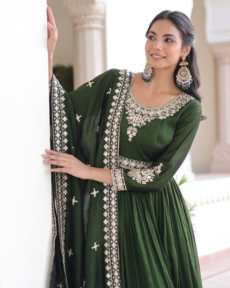 Mehndi Green Color Vichitra Silk Embroidered Gown