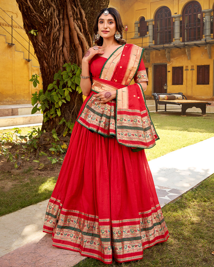 Red Color Pure Nylon Chanderi Plain Half Saree