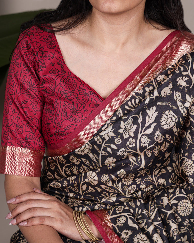 Black Color Designer Tasar Silk Printed Saree