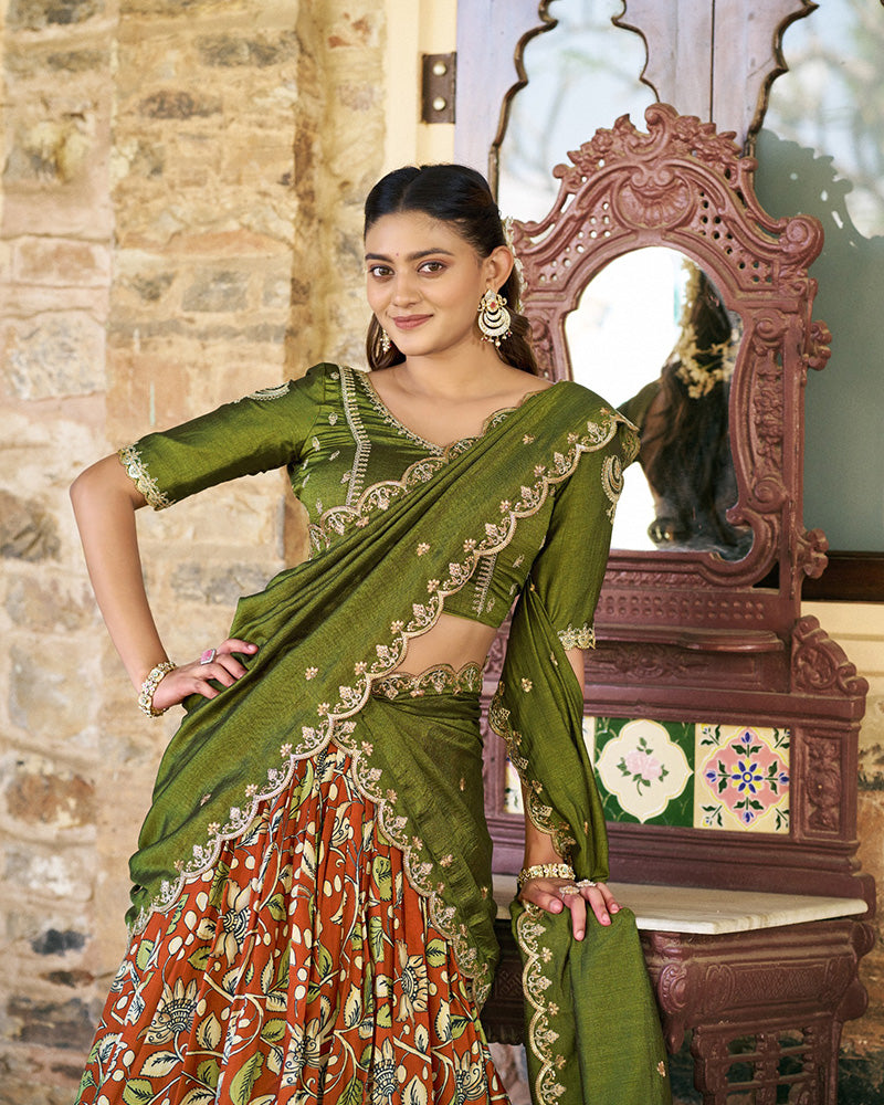 Royal Green Color Tussar Silk Kalamkari Printed Lehenga Choli