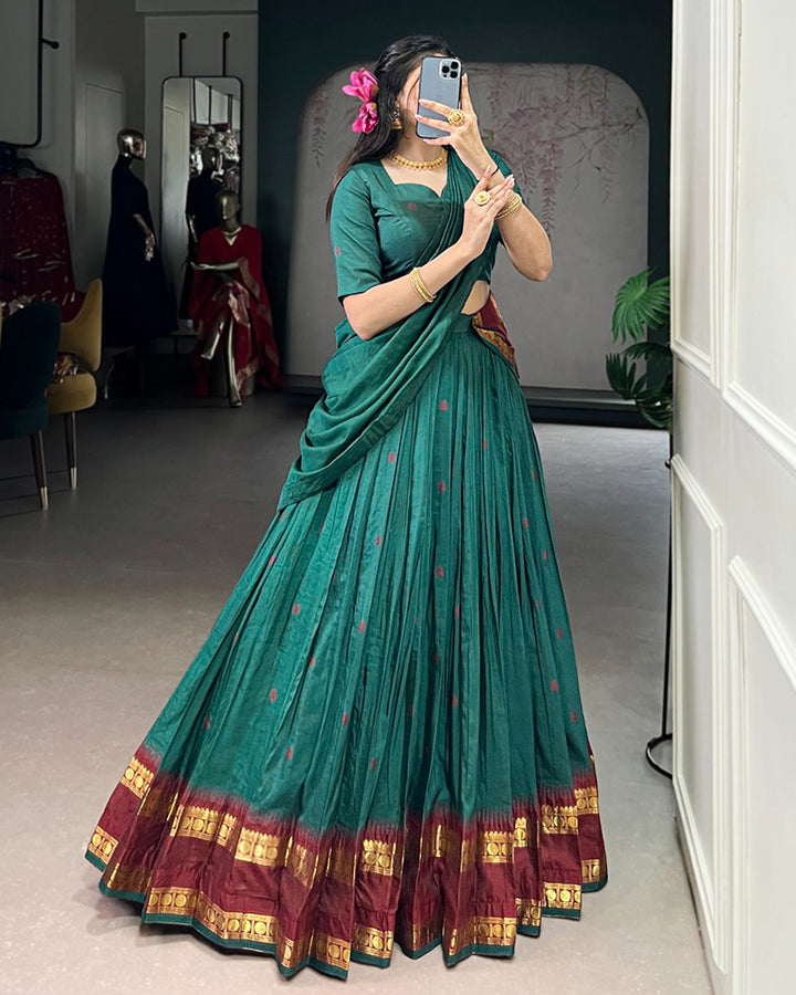 Elegant Teal Green Pure Chanderi Half Saree With Zari Weaving