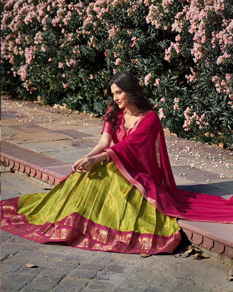 Pista Color Kanchipuram Silk Designer Half Saree