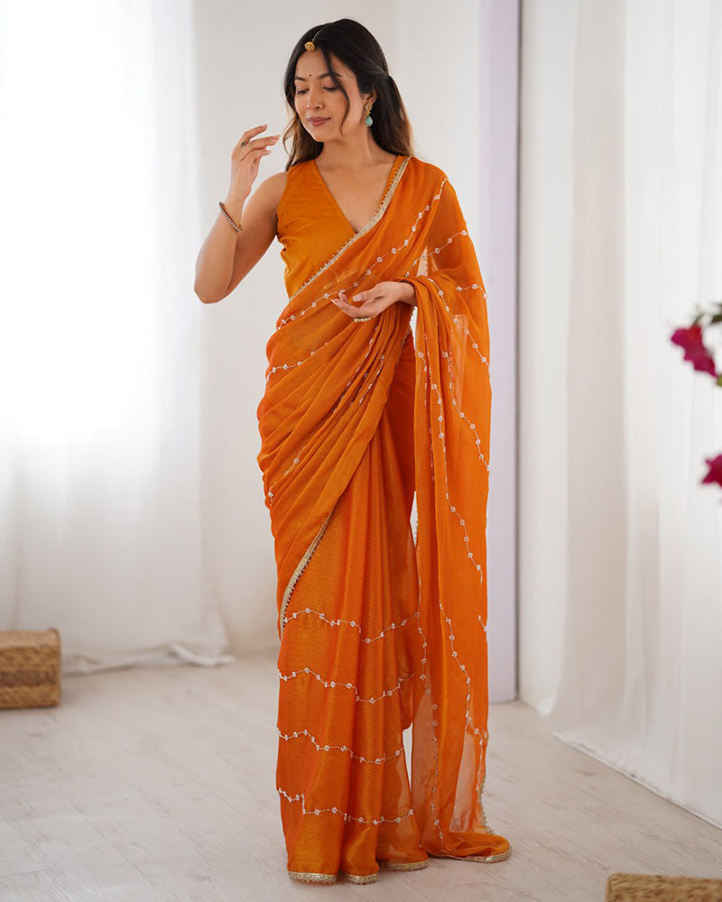Mustard Color Smooth Sitara Embroidered Saree