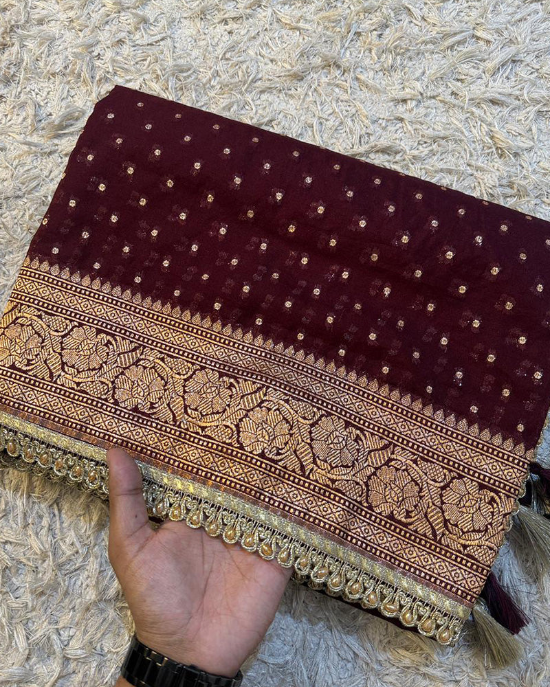 Brown Color Banarasi Khadi Katan Georgette Silk Saree