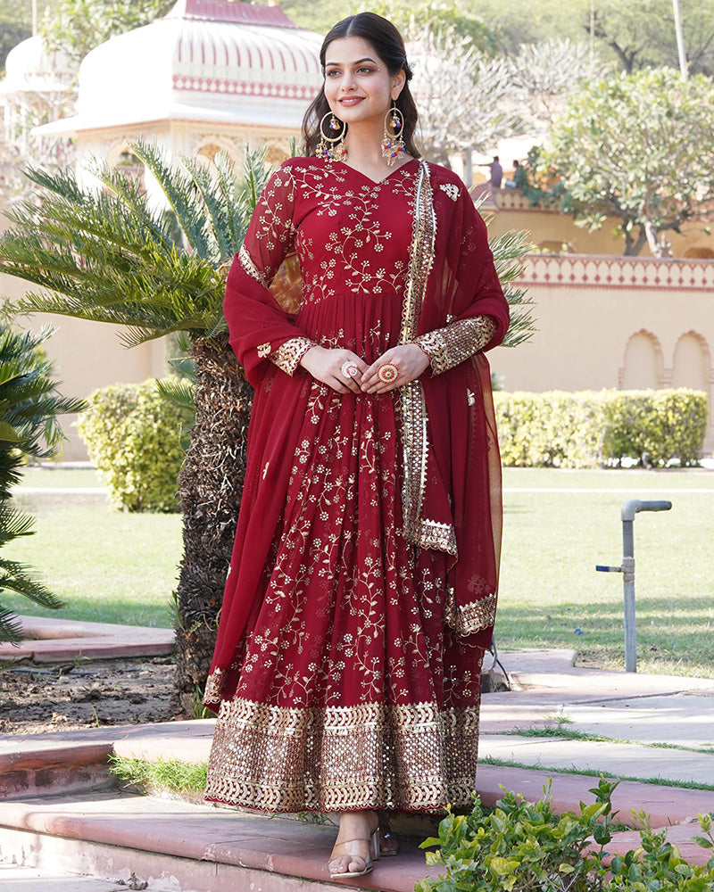 Designer Maroon Color Faux Blooming Rich Sequence Embroidered Gown
