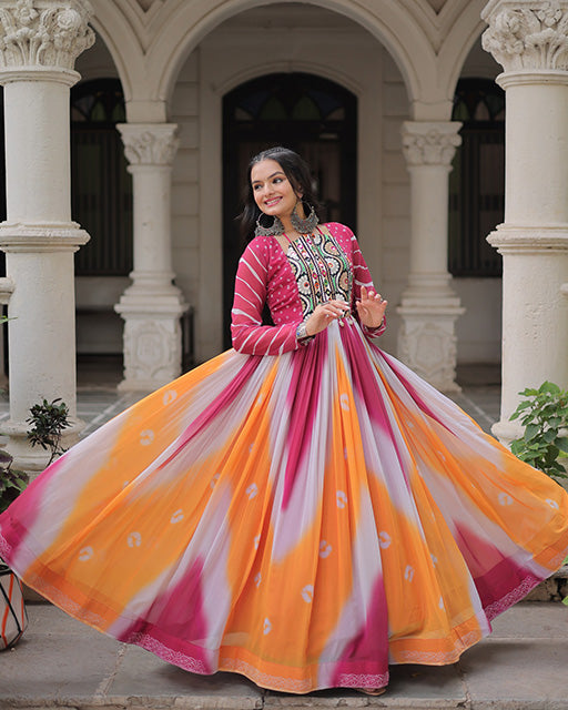 Pink Color Faux Georgette Bandhej Print Navratri Gown