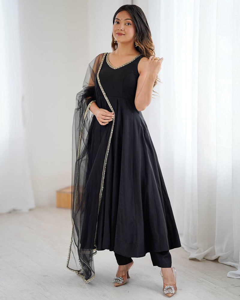 Black Color Chanderi Pure Roman Silk Anarkali Suit