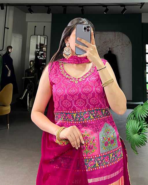 Pink Color Gaji Silk Three Piece Plazo Suit