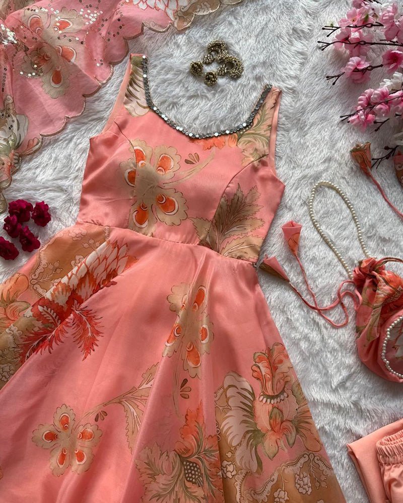 Peach Color Digital Printed Soft Organza Anarkali Suit