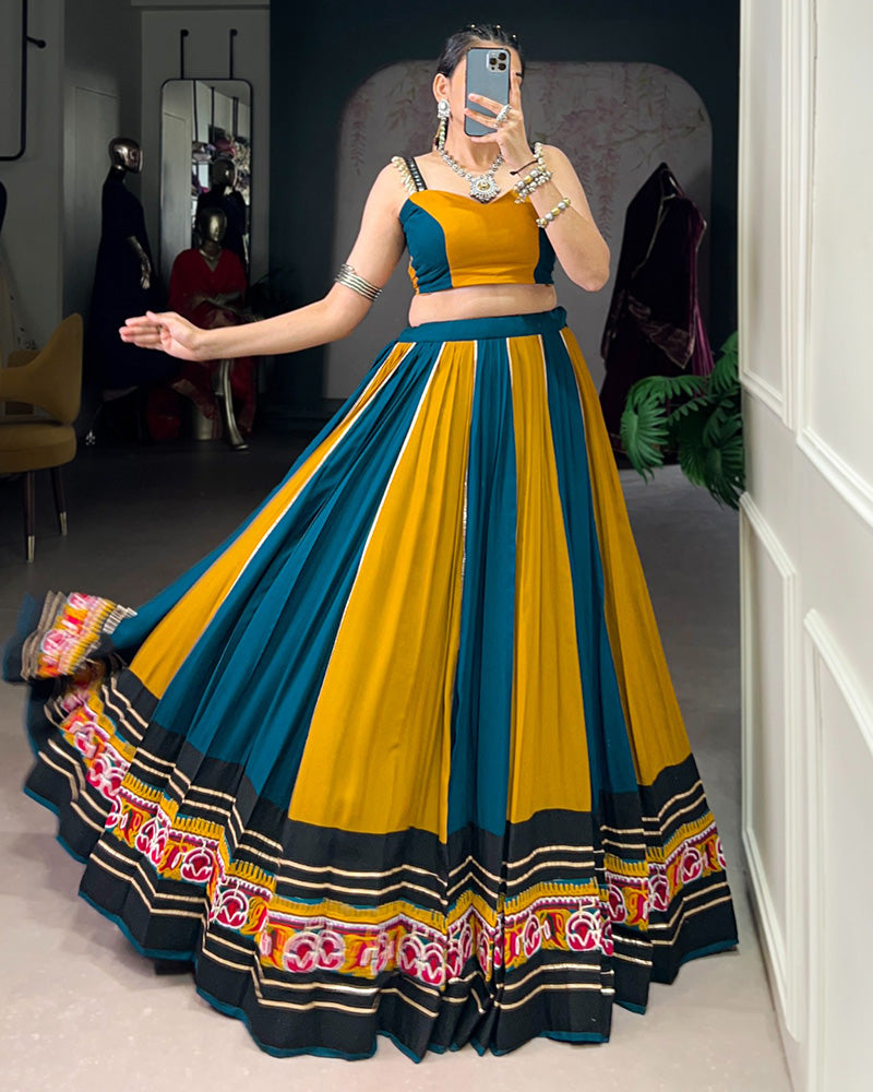 Mustard Color Pure Rayon Navratri Lehenga With Black Choli